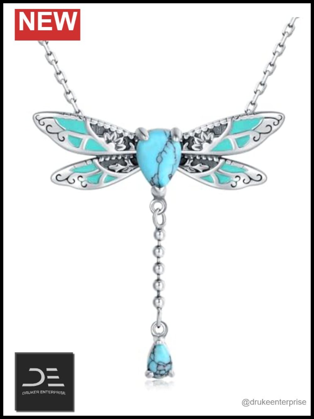925 Sterling Silver Turquoise Dragonfly Pendant Necklace Vintage Boho Jewelry